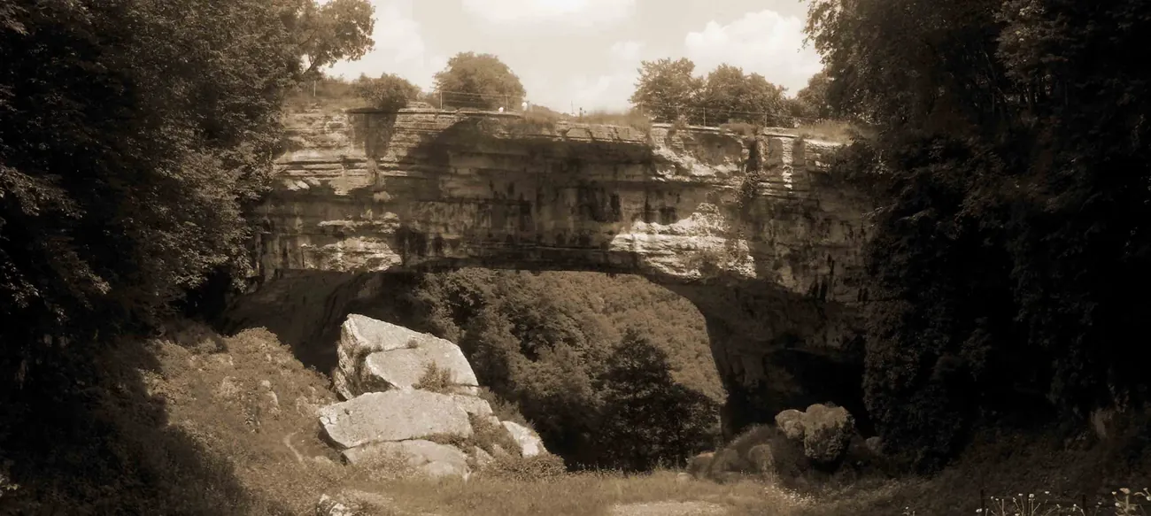 The Ponte di Veja in a sepia-toned period photograph, surrounded by woods