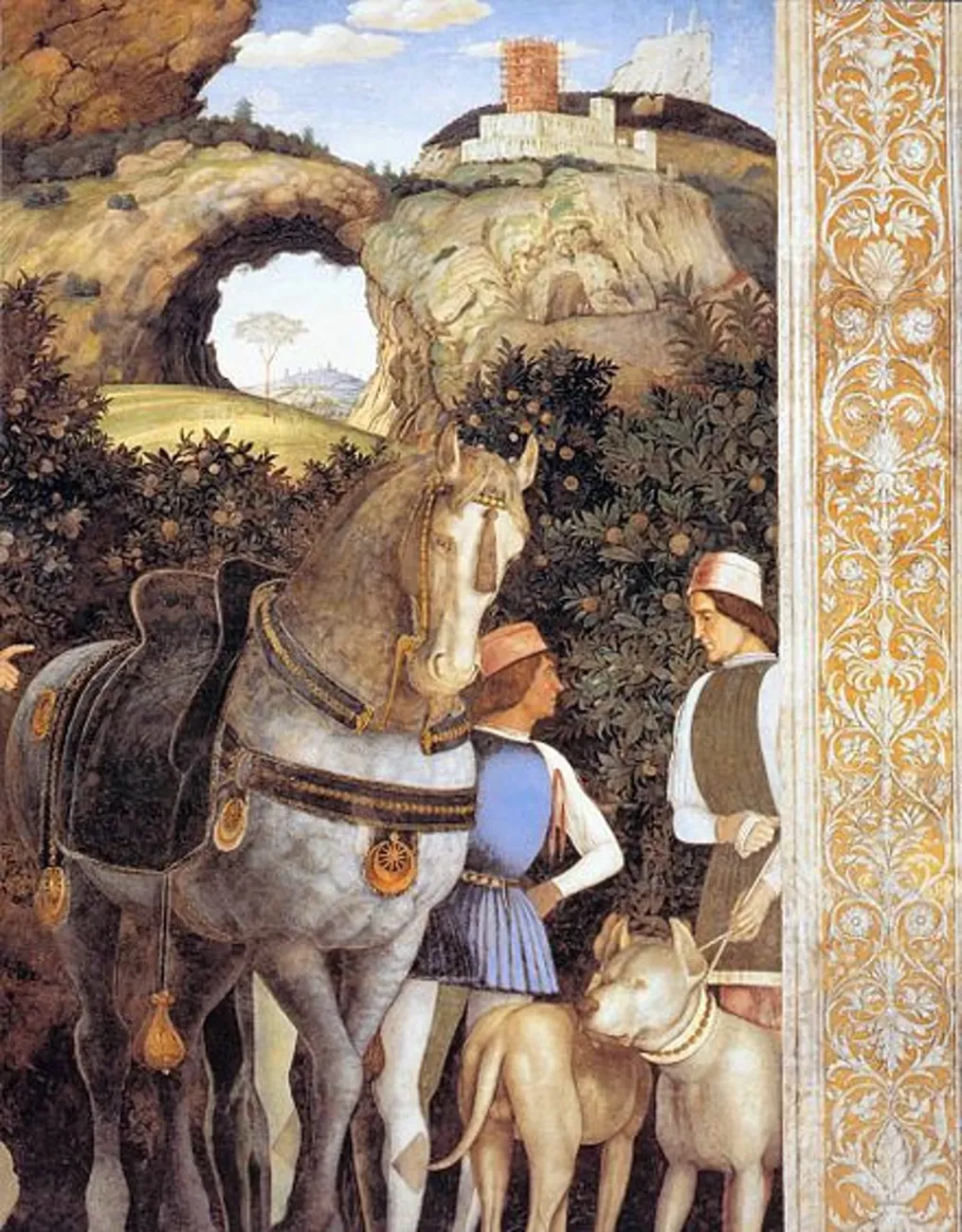 Detail of Andrea Mantegna's fresco in the Camera degli Sposi in Mantua: a grey horse with grooms and dogs, and in the background a great natural rock arch